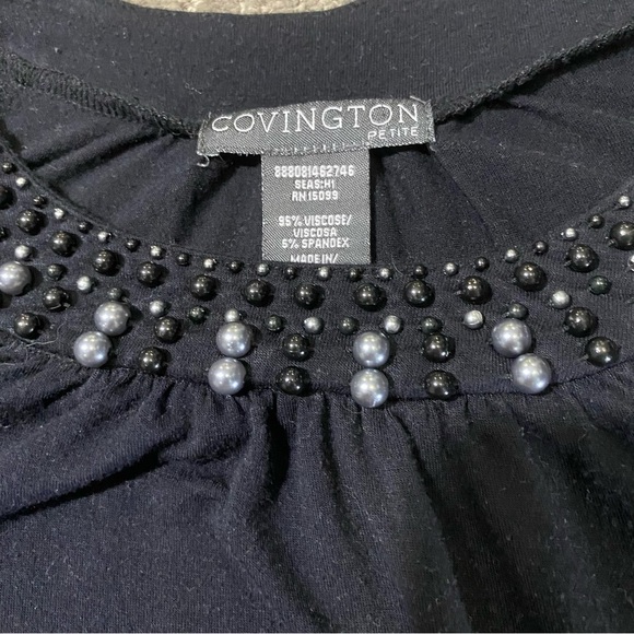 Covington Women’s PS Black Short Sleeve Dress Shirt Top Pearl Embellished Collar - Picture 4 of 9